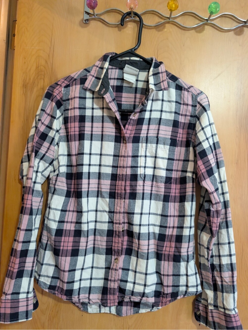 The North Face Women's Pink and White Plaid Button-Up Shirt Medium